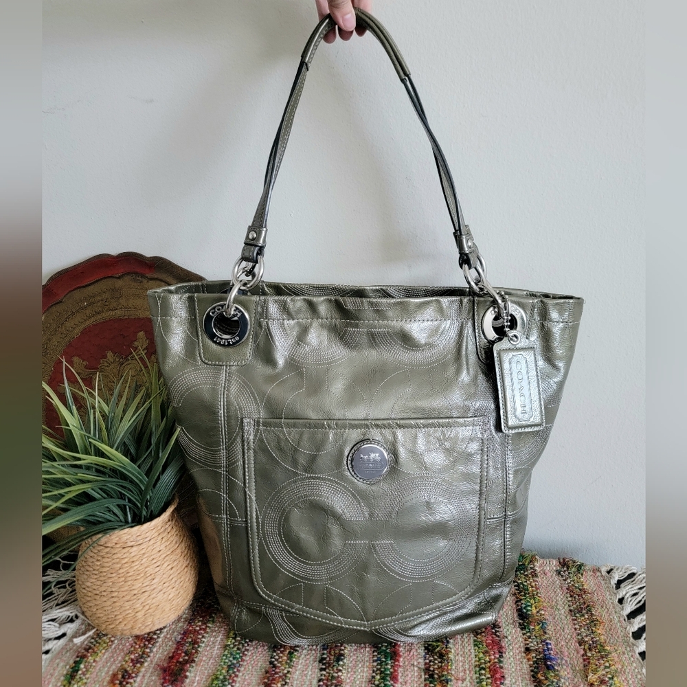 Coach Metallic Army Green Tote Bag